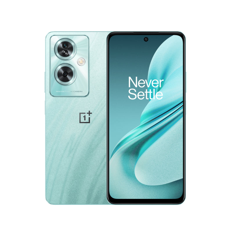 OnePlus Nord N30 SE smartphone showing the front screen display and dual camera setup on the back, in a green color.